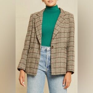 Amour Vert Pipa Wool Plaid Single Button Blazer Brown and Teal Plaid Size Medium